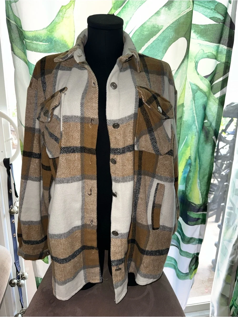 Women’s Brown Plaid Button-Up Shacket - Casual Layering Jacket